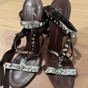 Giuseppe Zanotti Brown Leather Jeweled T-Strap Sandals